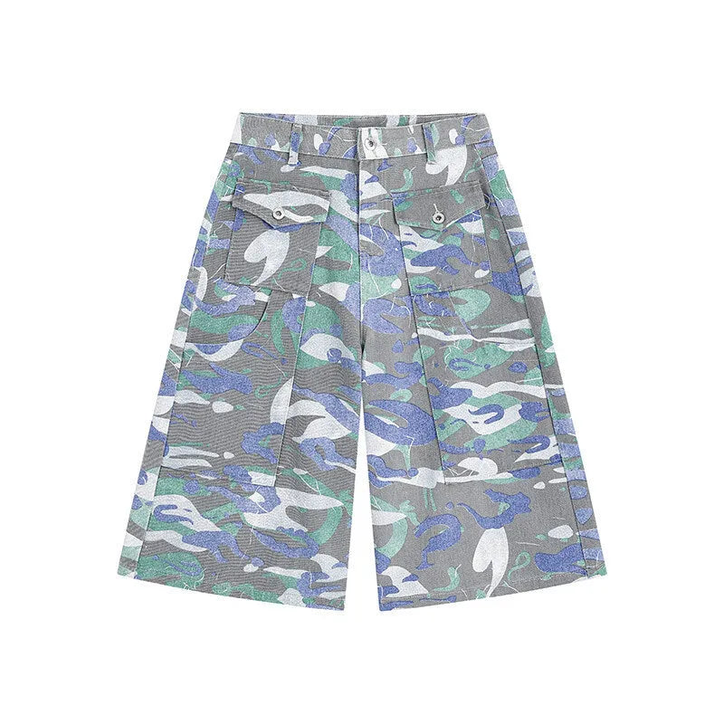 Denim camouflage cropped work trousers with straight leg cut and zipper fly