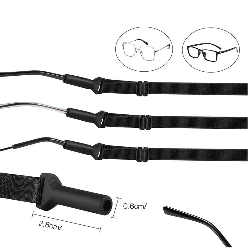 Black adjustable glasses cord with silicone ends for securing spectacles or sunglasses