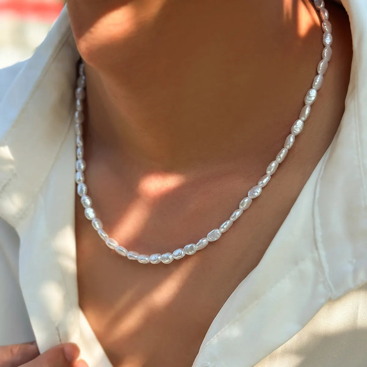 Men's white U-shaped imitation pearl necklace with adjustable 41-50cm clavicle chain