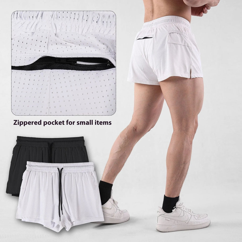 Man wearing black quick-dry nylon summer shorts with a mid-waist design.