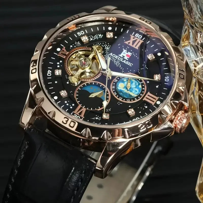 Automatic mechanical watch with hollow dial, rose gold case, black leather strap