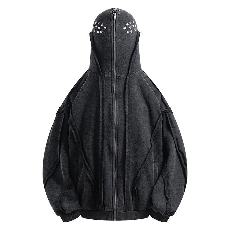Black padded cotton cardigan with zip front, hood, and abstract pattern