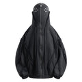 Black padded cotton cardigan with zip front, hood, and abstract pattern