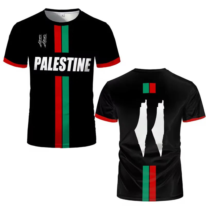 Black 3D printed football pattern t-shirt made from spandex fabric on a hanger.