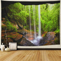 Large bohemian wall tapestry with forest and mandala pattern on a wall