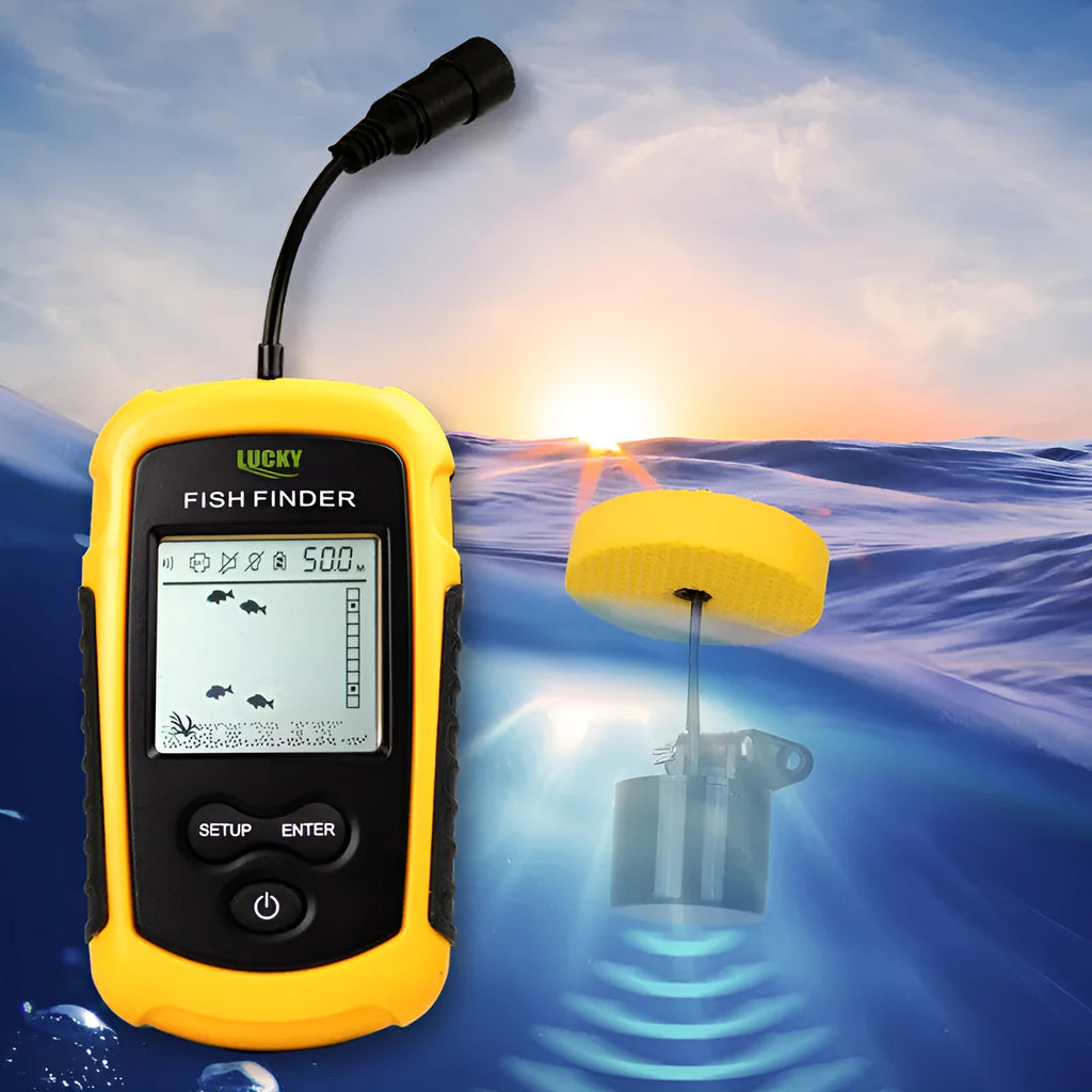 Yellow fish finder with wired sensor and display showing depth reading