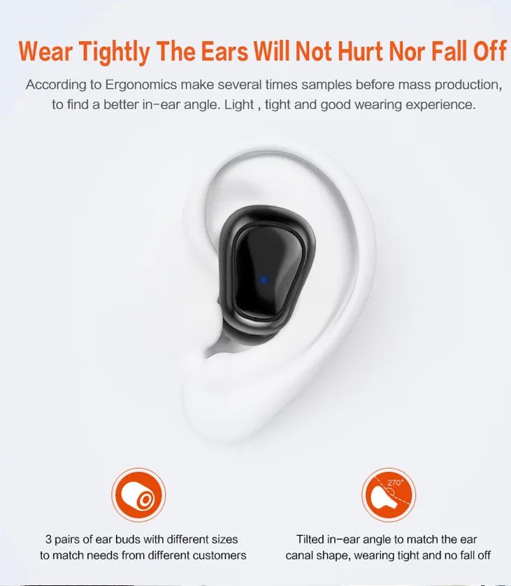 Black TWS sports headphones with separate wireless earpieces and compact charging case