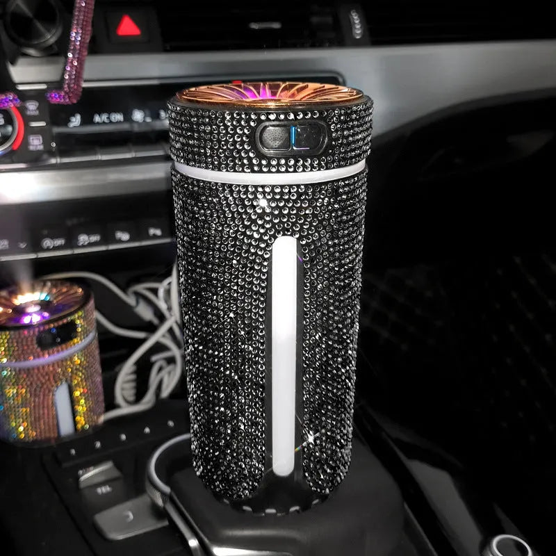 Rhinestone car humidifier with colourful LED lights, 15cm portable design for auto aromatherapy