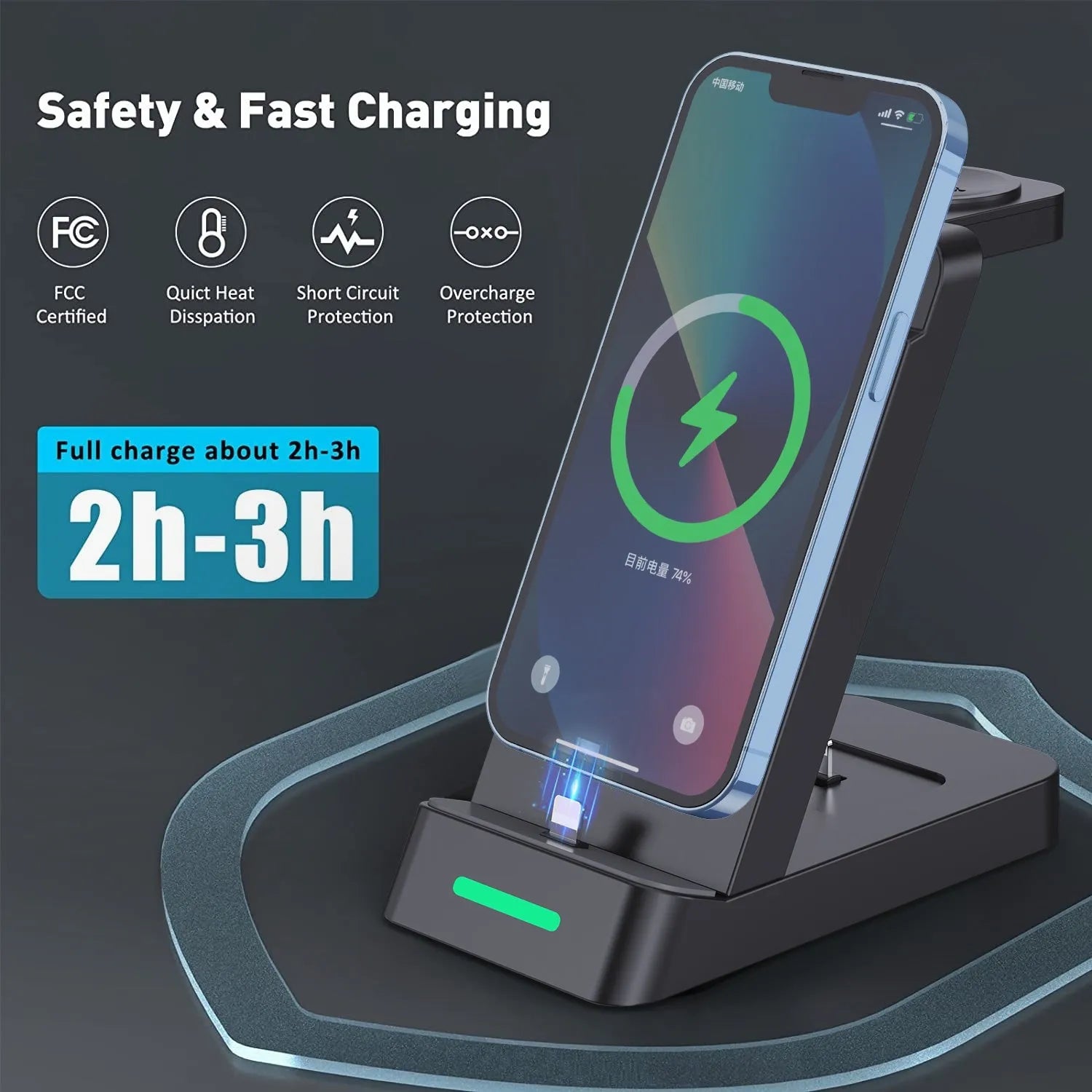 Black and white 65W fast wireless 3-in-1 charging stand for phone, watch, and AirPods on a desk.
