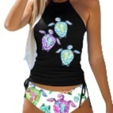 Colourful printed conservative style ladies swimsuit briefs with shorts lining on hanger