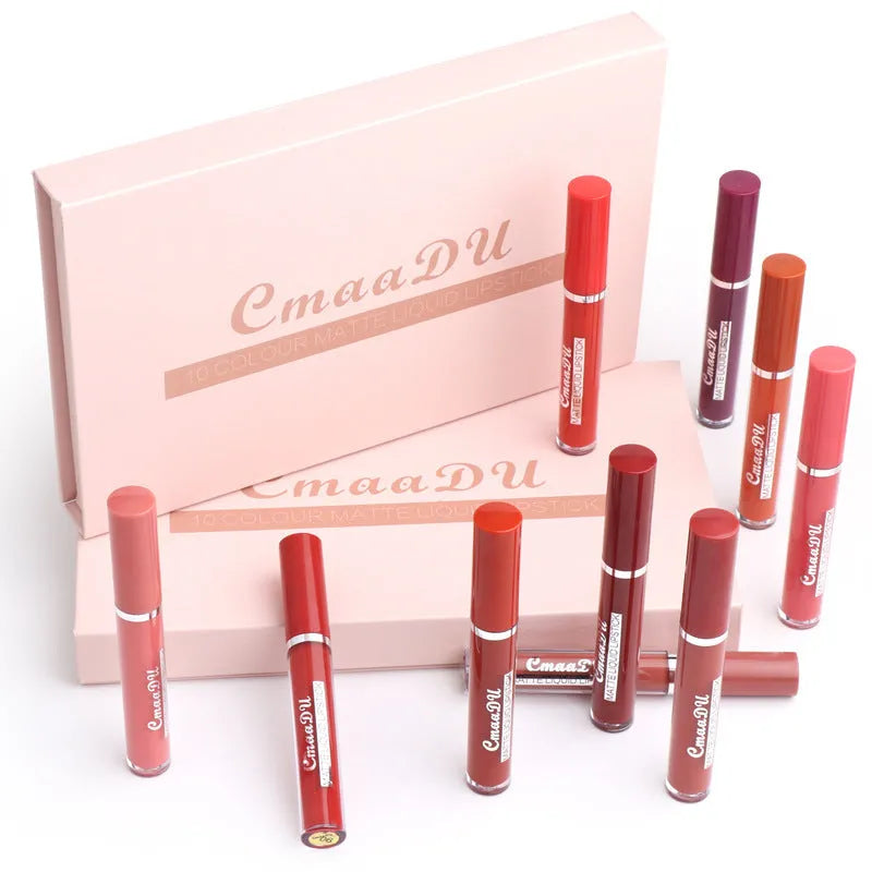 Ten matte lipsticks in a slim black case showing waterproof non-stick cup formula.