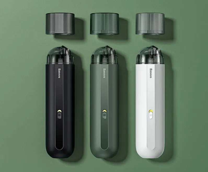 Baseus handheld cordless car vacuum cleaner in black, white, or green with blowing hose accessory.