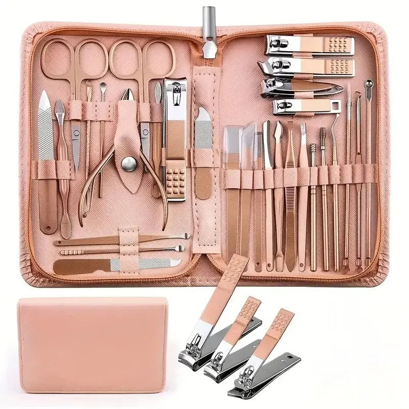 30-piece stainless steel nail beauty tool set showing cuticle pushers, nail clippers, files, buffers and tweezers