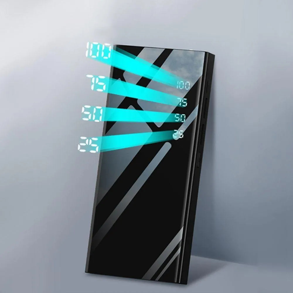 Black 20000mAh power bank with LCD display showing battery level and two USB ports