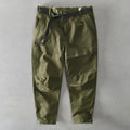 Men's casual cotton overalls with elastic waistband in khaki colour, showing loose fit and Japanese style