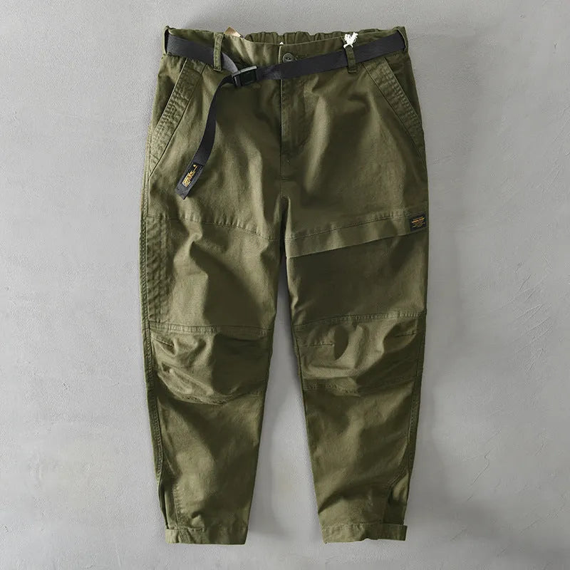 Men's casual cotton overalls with elastic waistband in khaki colour, showing loose fit and Japanese style