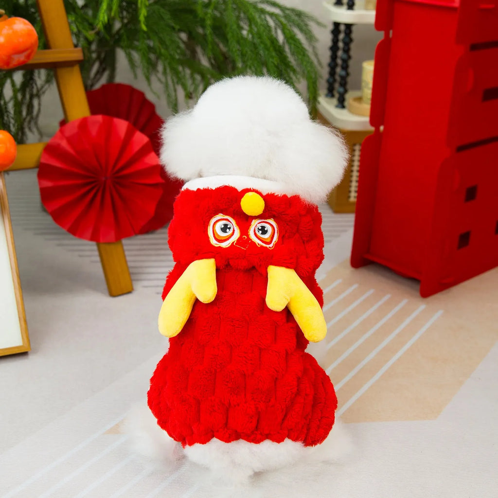 Red Little Dragon cartoon design pet jacket in double-sided velvet material showing size options from S to XXL