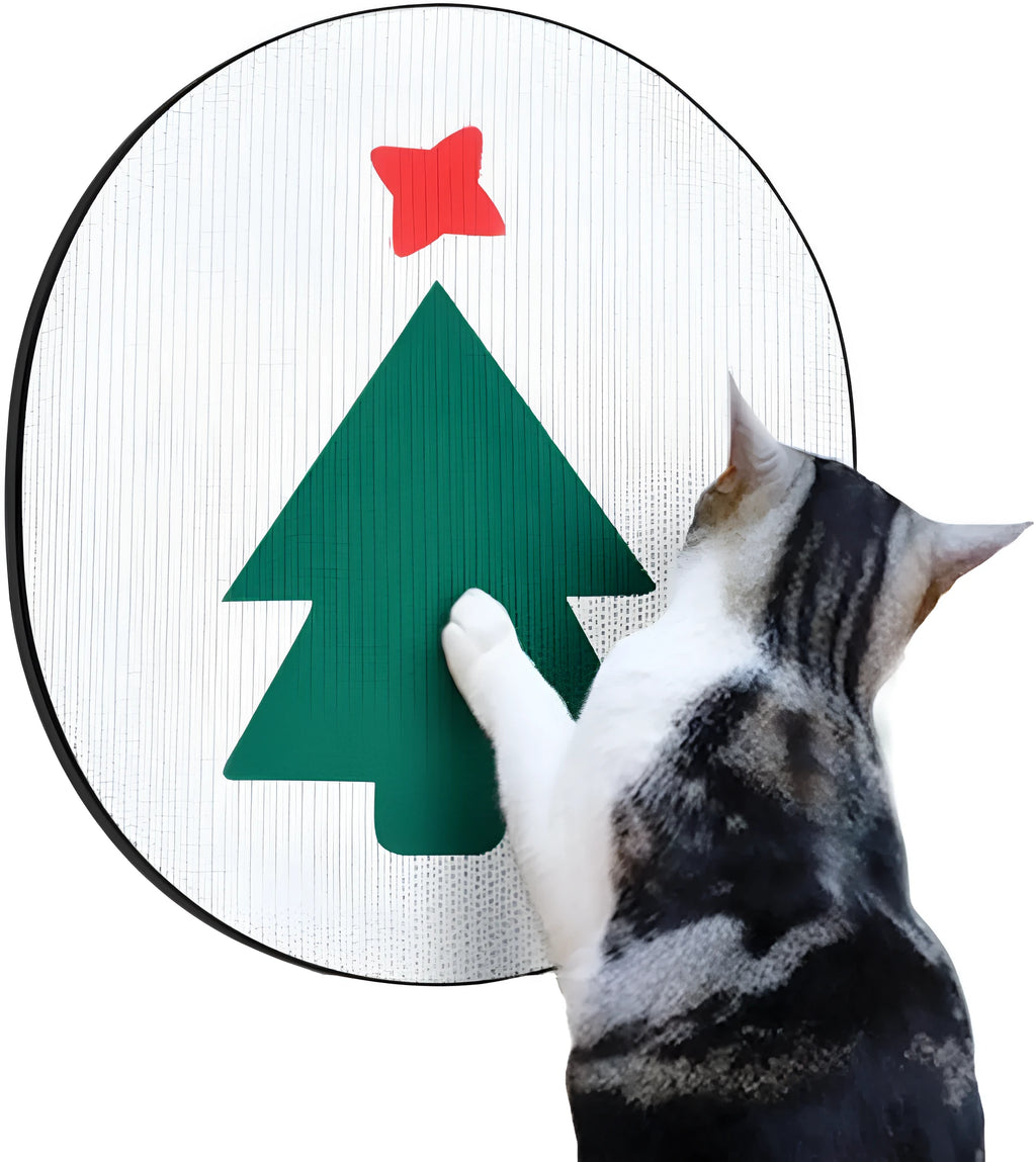 A vertical, rectangular corrugated cardboard cat scratcher mounted on a wall.