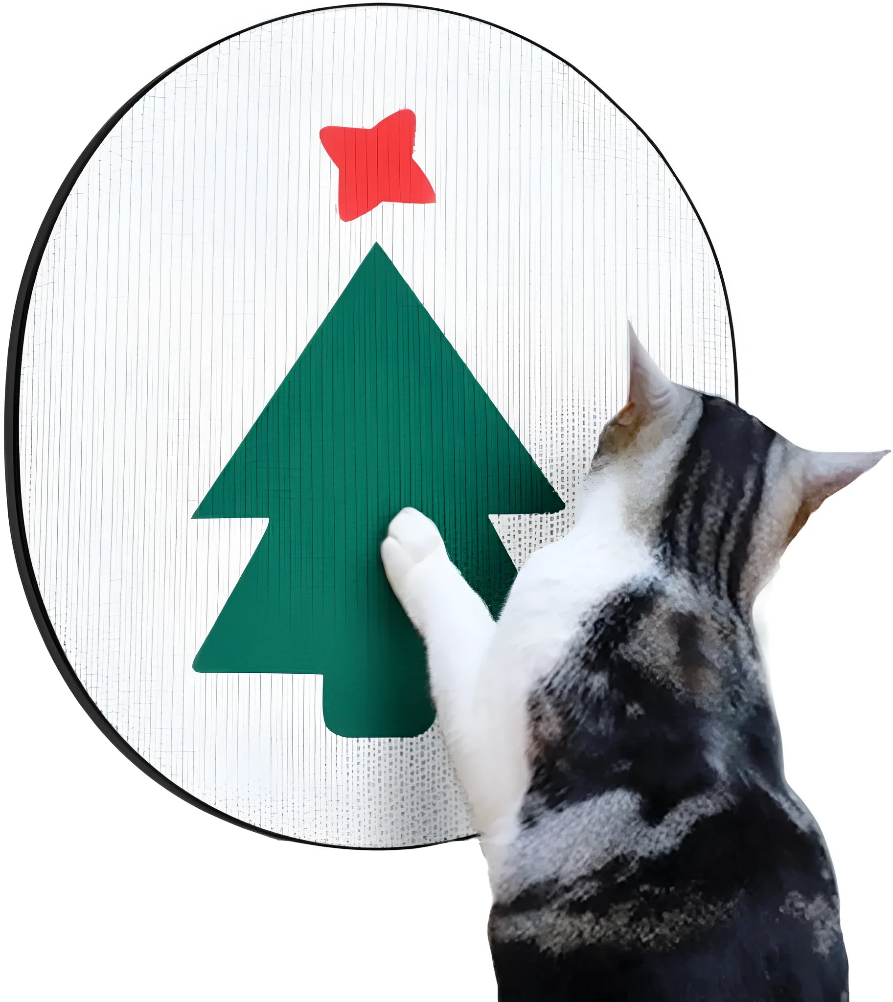 A vertical, rectangular corrugated cardboard cat scratcher mounted on a wall.