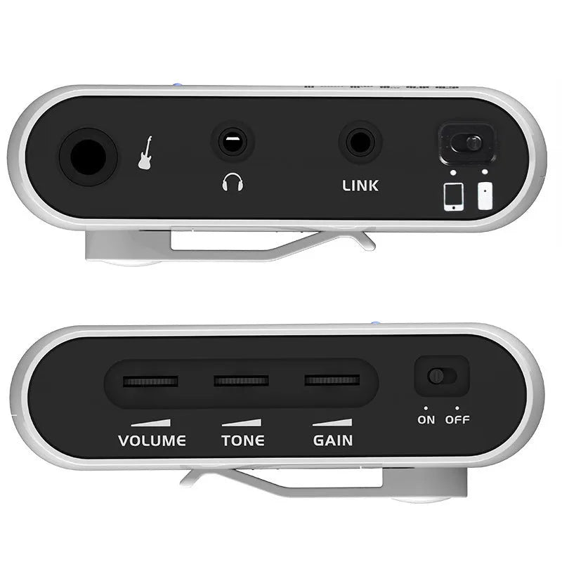 White metal distortion headphone amplifier unit measuring 93mm with connector and adapter for guitar practice
