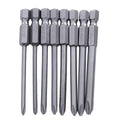 Eight magnetic cross-head screwdriver bits on a white background, showing Phillips tips and hex shanks.
