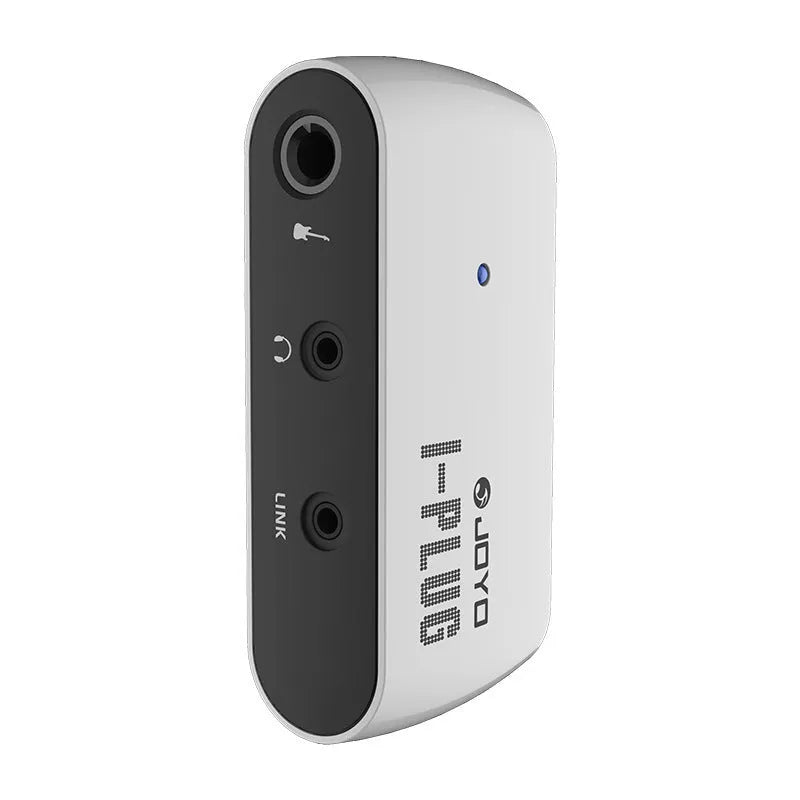 White metal distortion headphone amplifier unit measuring 93mm with connector and adapter for guitar practice