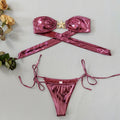 Women's glossy tube top split bikini with gold starfish pattern in sapphire blue colour
