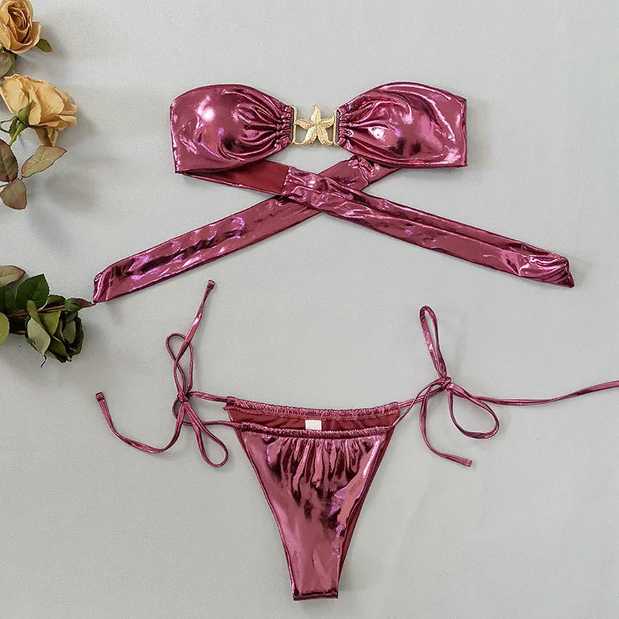 Women's glossy tube top split bikini with gold starfish pattern in sapphire blue colour
