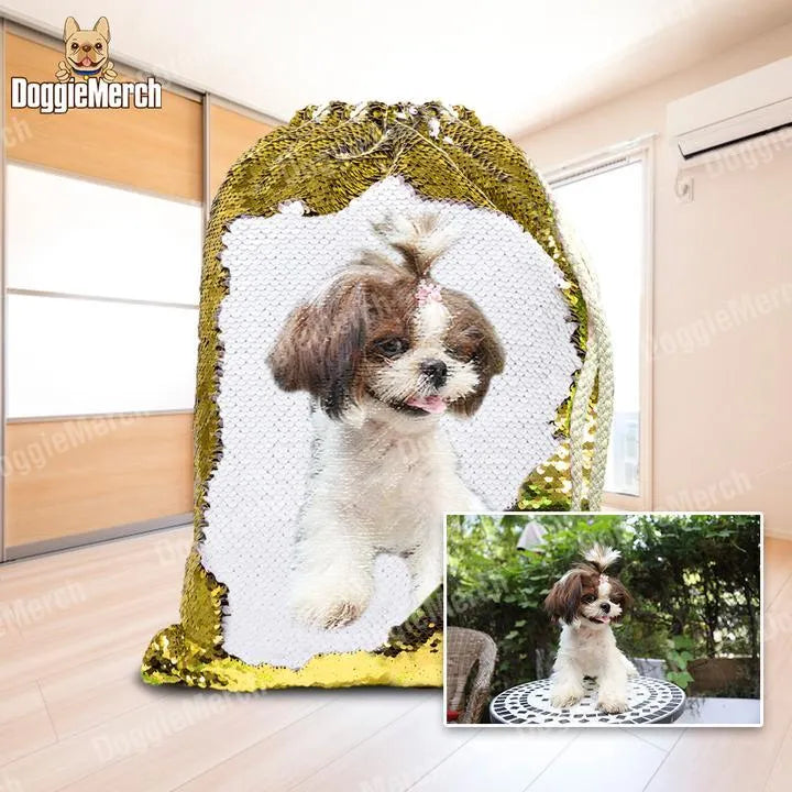 Custom purple sequins backpack with dog photograph printed on front, drawstring closure