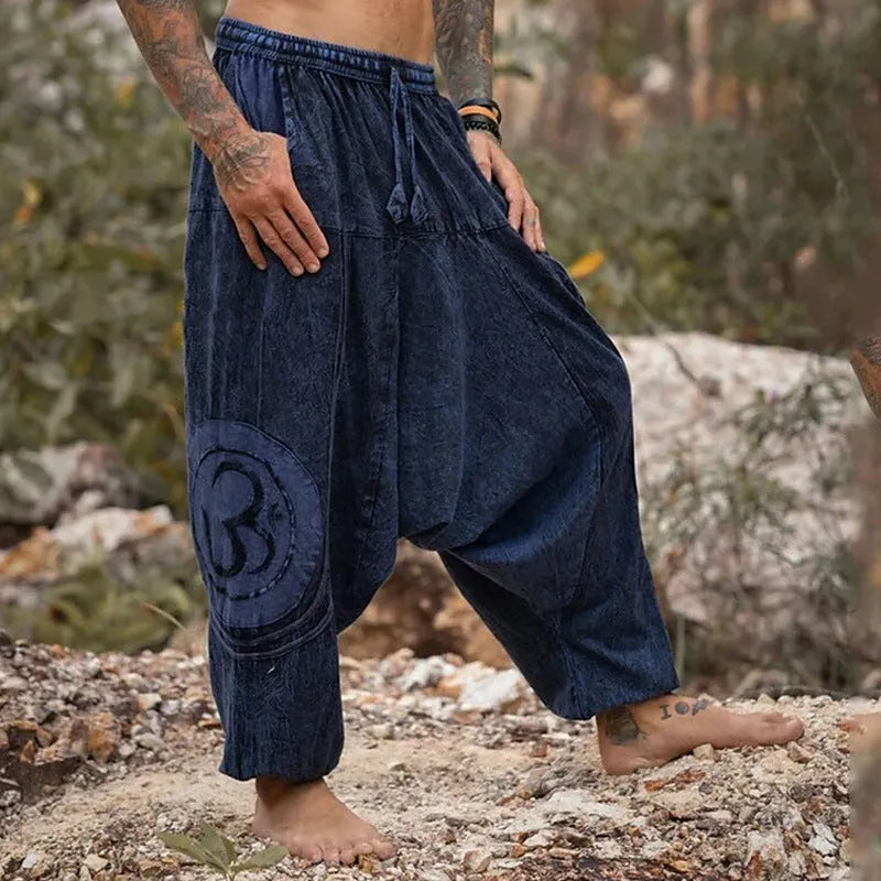 Dark green ethnic pattern men's ankle-tied casual trousers