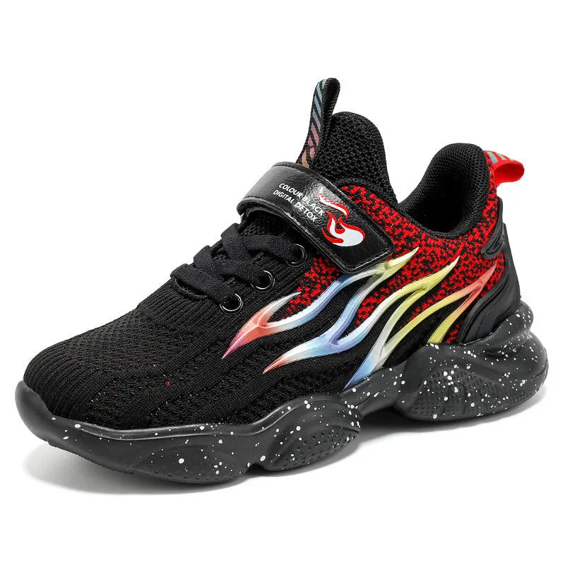 Boys sneakers with mesh textile and TPU upper in beige, black gold, or black red with rubber anti-slip soles
