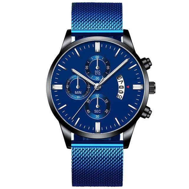 Mens stainless steel mesh band quartz watch with analogue display on wrist