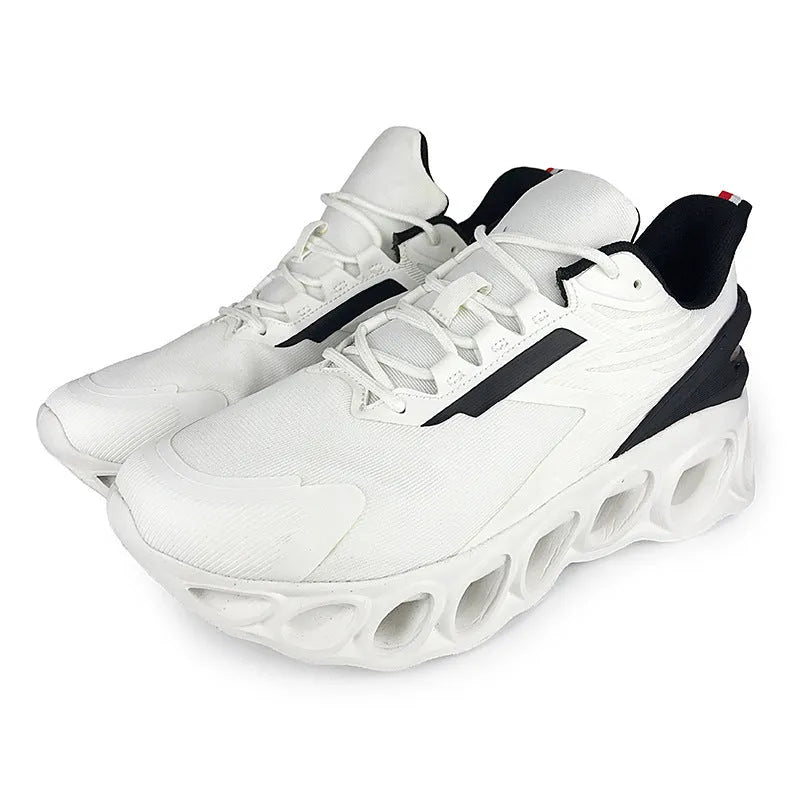 Casual low-top sports shoes in black with mesh upper, round toe, and white EVA sole on a plain background.