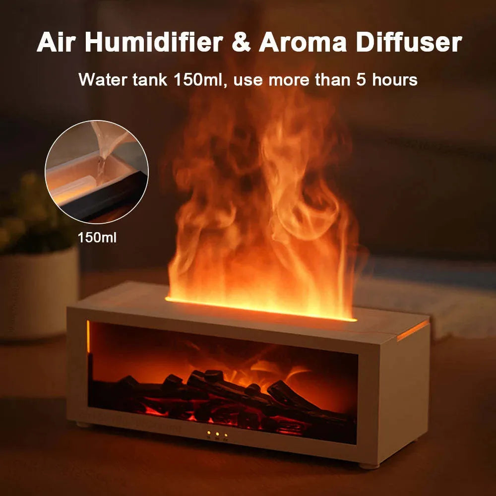 Square black flame effect aromatherapy diffuser with coloured LED lights and mist emitting, remote control beside it.