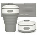Green collapsible silicone travel cup shown both expanded and folded to 6cm height