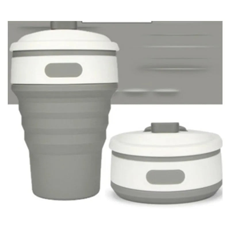 Green collapsible silicone travel cup shown both expanded and folded to 6cm height