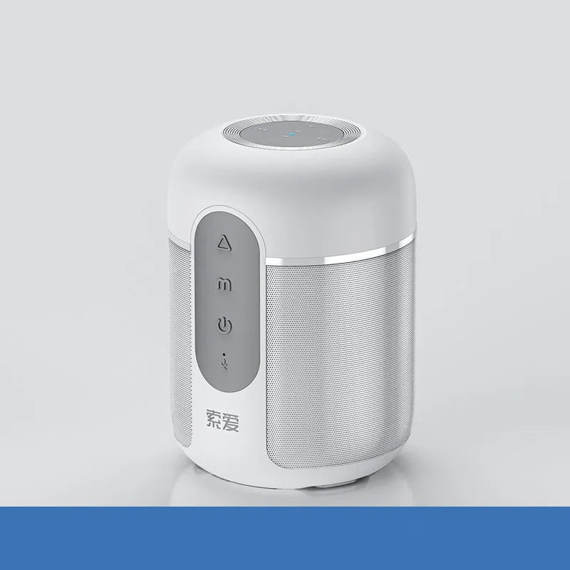 Black portable Bluetooth speaker showing front grill and controls, with scale indicating compact 72mm by 99mm size