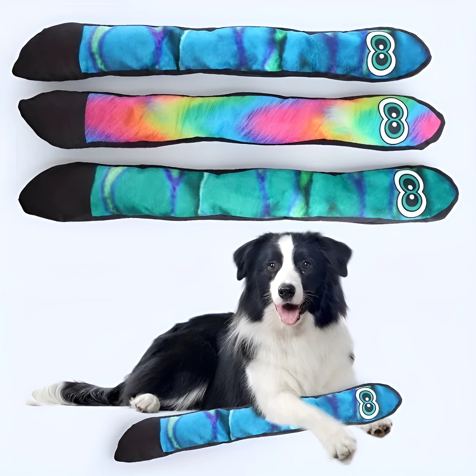 Multicolour snake-shaped plush dog squeaky toy with stripe print