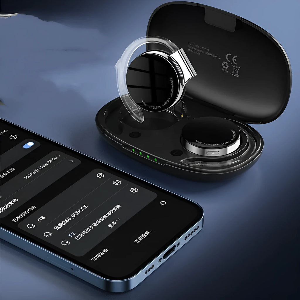 Black and white wireless sports Bluetooth earphones with ear plugs, shown with NFC and Bluetooth symbols.