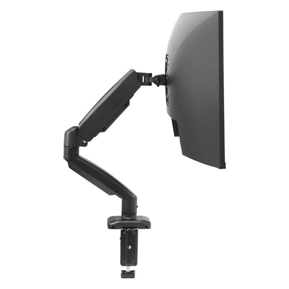 Universal black rotating telescopic LCD monitor stand on a desk next to a keyboard.