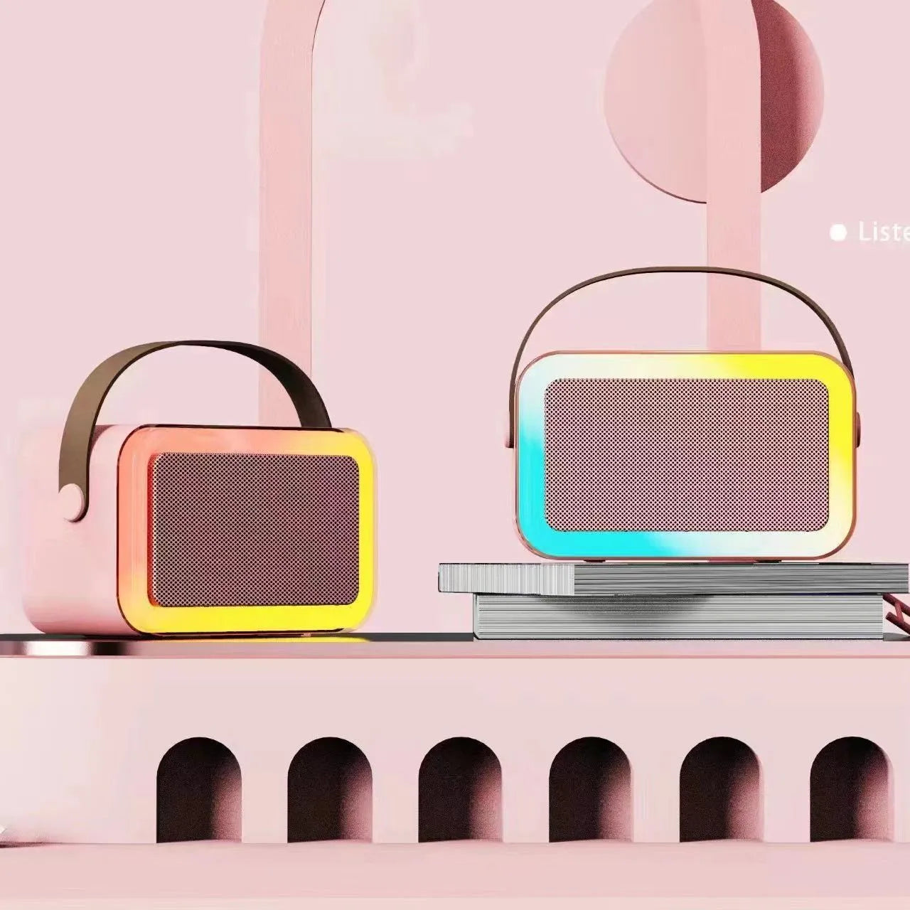 Portable Bluetooth karaoke microphone speaker with colourful LED lights in pink, sky blue, or white.