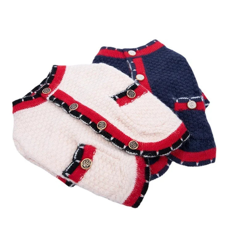Blue wool dog cardigan sweater with princess-style collar on a mannequin