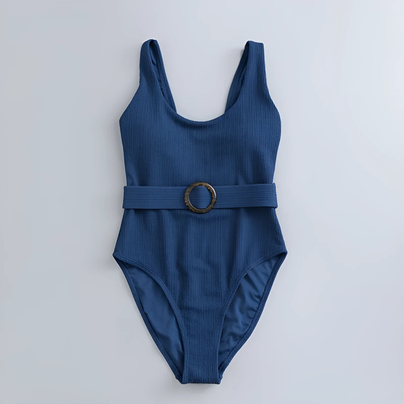 Navy blue women's one-piece slimming swimsuit with triangle neckline and removable chest pad.