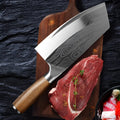 Stainless steel kitchen knife with a 320mm long blade and a black handle.