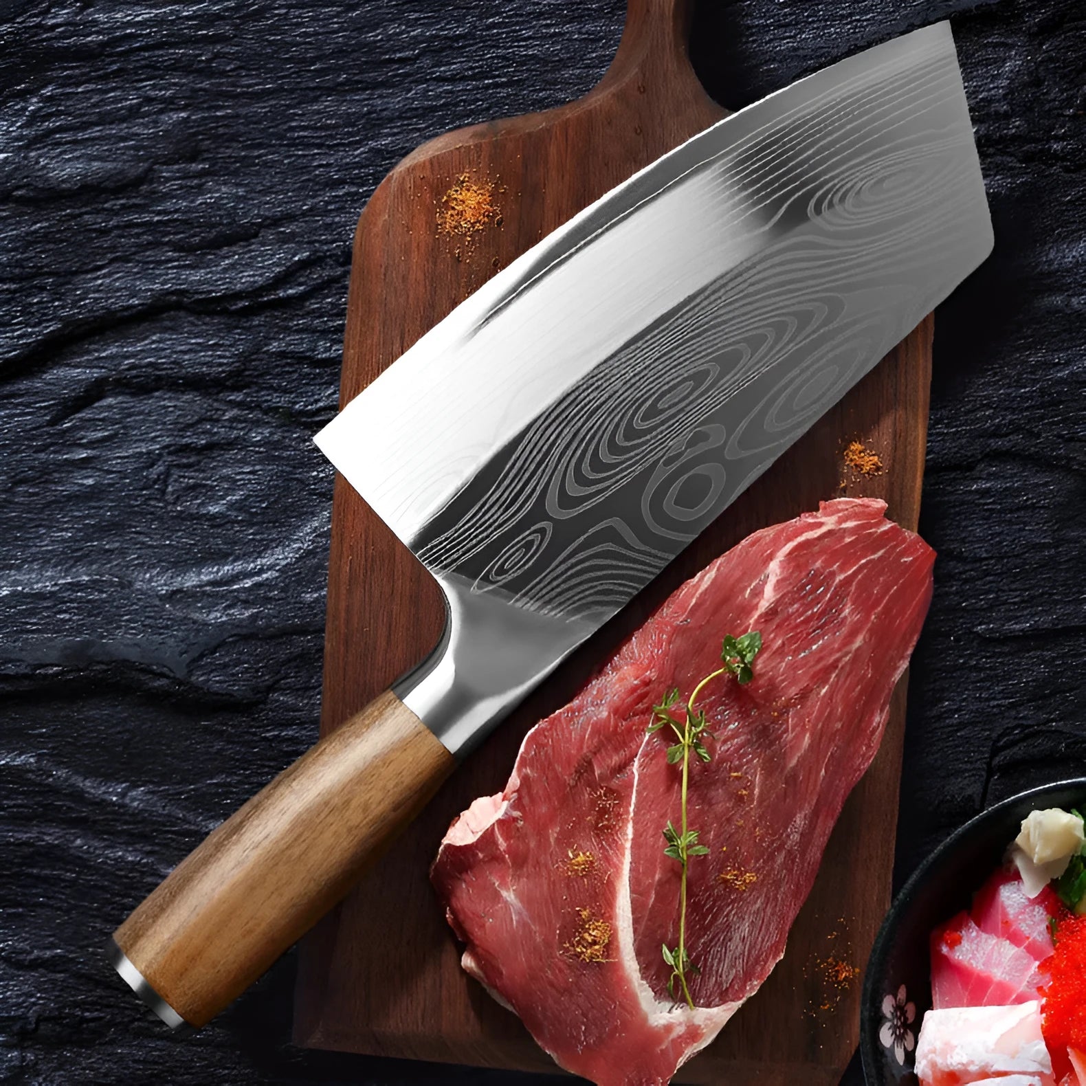 Stainless steel kitchen knife with a 320mm long blade and a black handle.