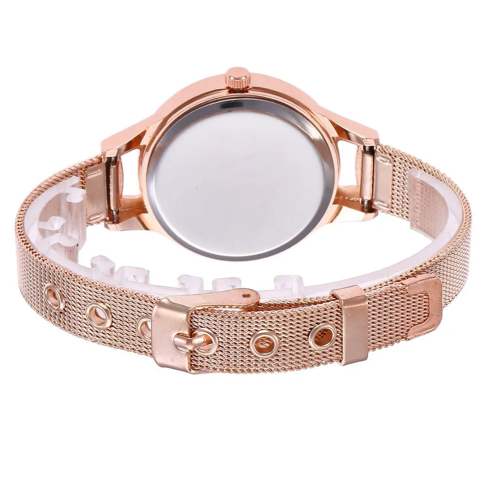 Rose gold round stainless steel mesh band quartz watch for women with pin buckle and analog display