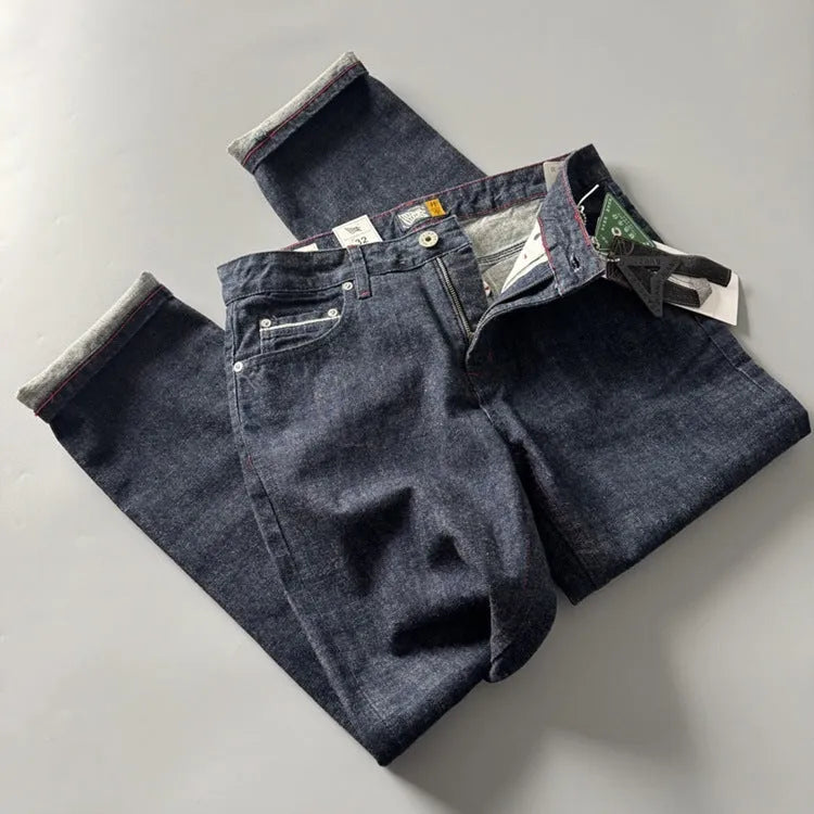 Men's straight-leg denim trousers in primary colour with mid-waist design and regular length