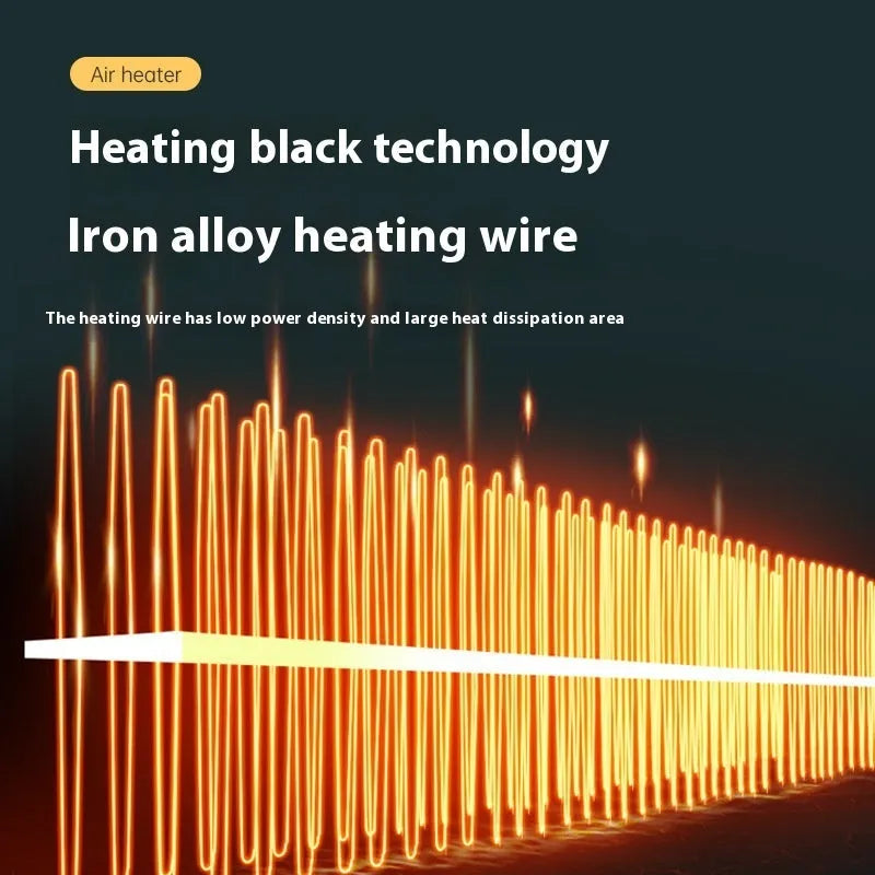 White compact electric desktop heater with power controls and grille, shown on a wooden desk.