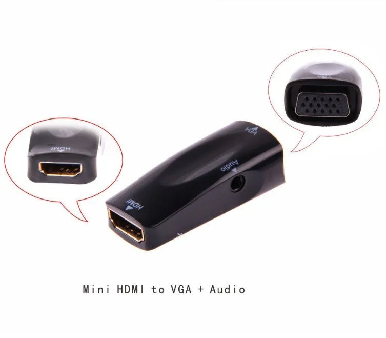 Black HDMI to VGA adapter converter with 3.5mm audio jack for connecting laptops to monitors