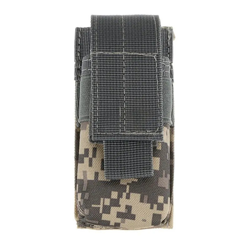 Tactical waist bag with Molle straps for pistol cartridges and flashlights in camouflage pattern